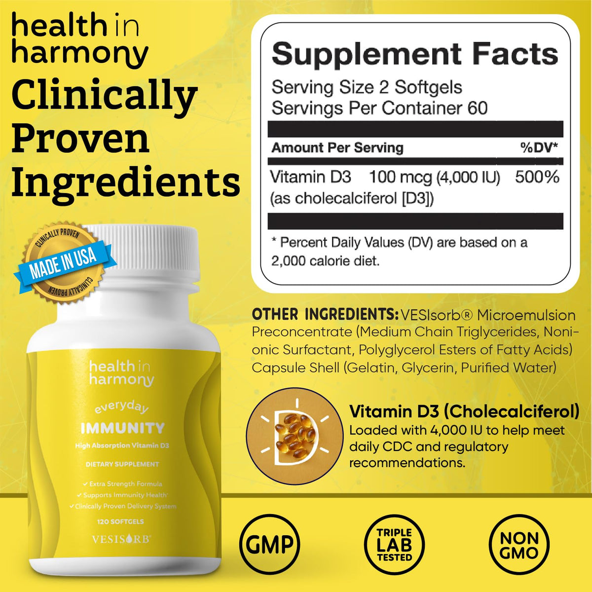 HEALTH IN HARMONY Vitamin D3 4000 IU Immune Support - 60 Softgels - image 5