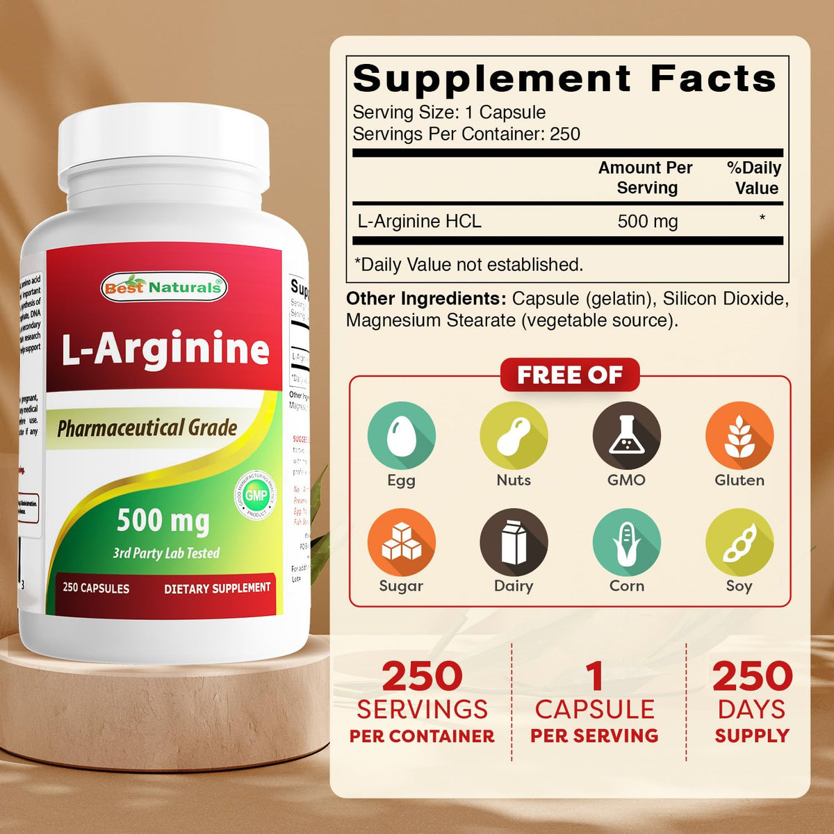 Best Naturals L-Arginine 500mg - 250 Capsules - image 2