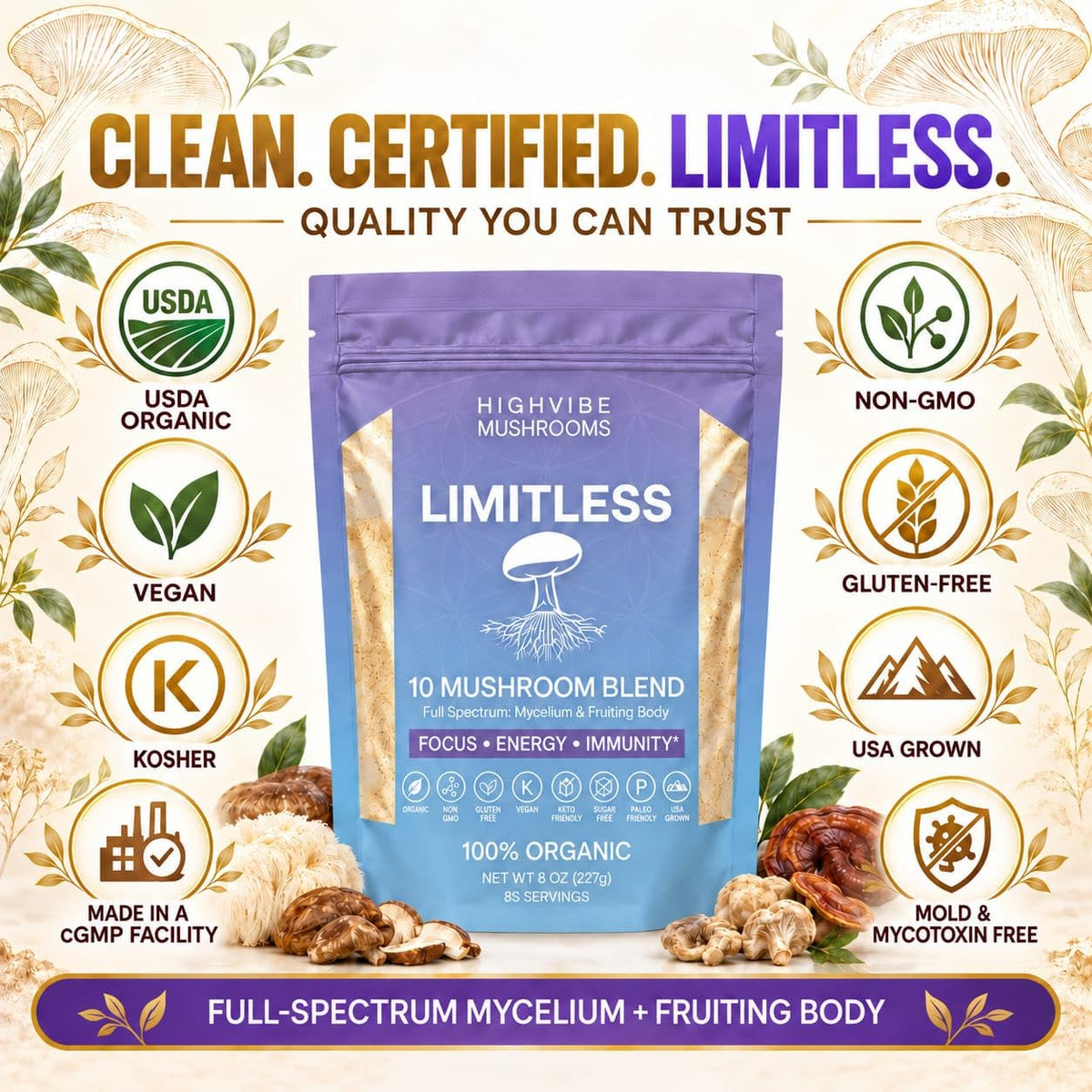 High Vibe Mushrooms Limitless 10-in-1 Mushroom Powder - 227g - image 3