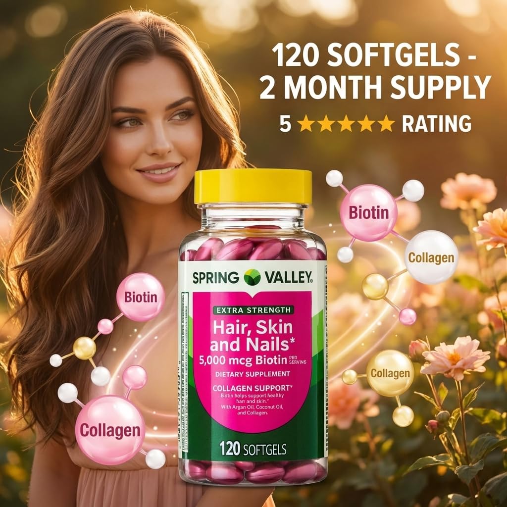 Spring Valley Extra Strength Hair, Skin & Nails Biotin 5000 mcg - 120 Softgels - image 2