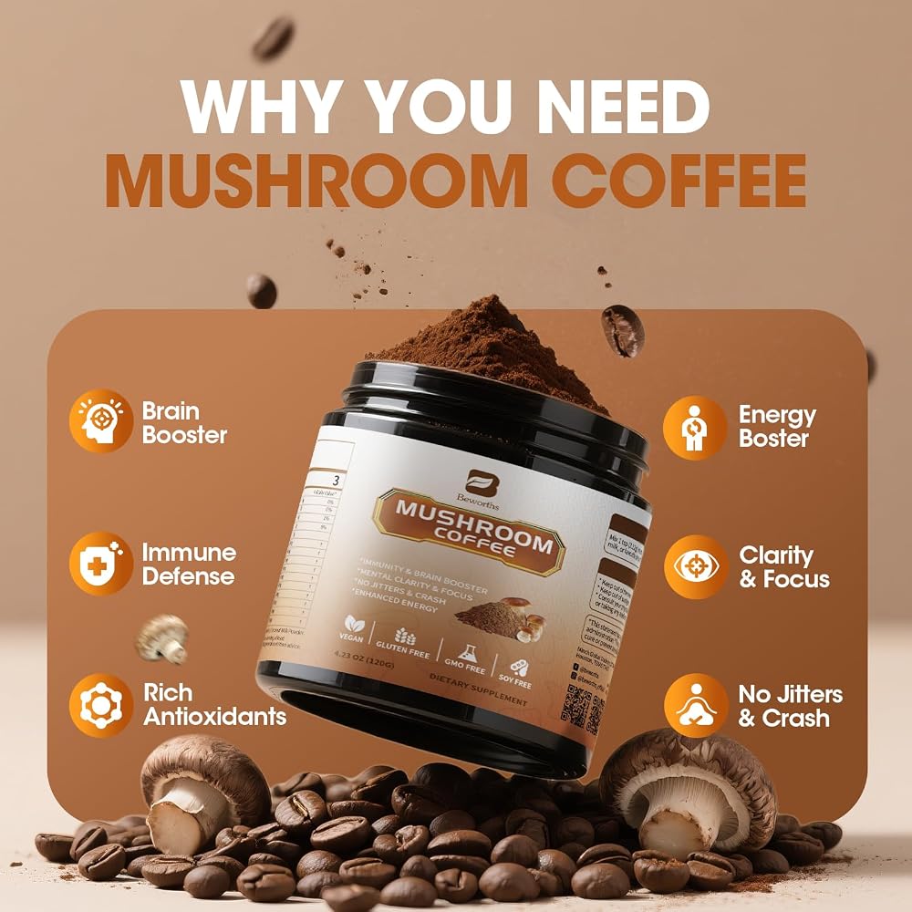 B BEWORTHS Mushroom Coffee - Lions Mane Mushroom Powder Instant