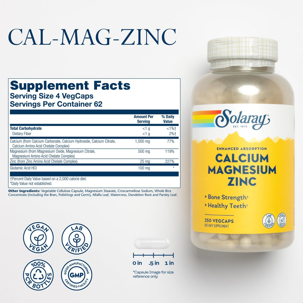 SOLARAY Calcium Magnesium Zinc Supplement - 250 Vegetarian Capsules - image 2