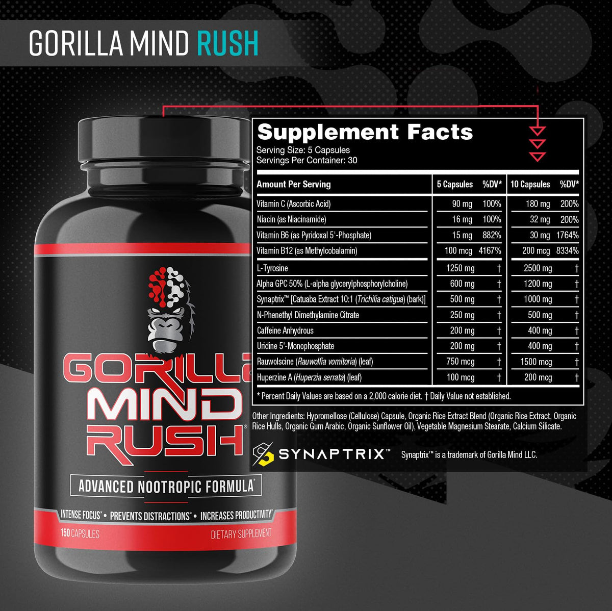 Gorilla Mind Rush Nootropic Cognitive Supplement - 150 Capsules - image 5