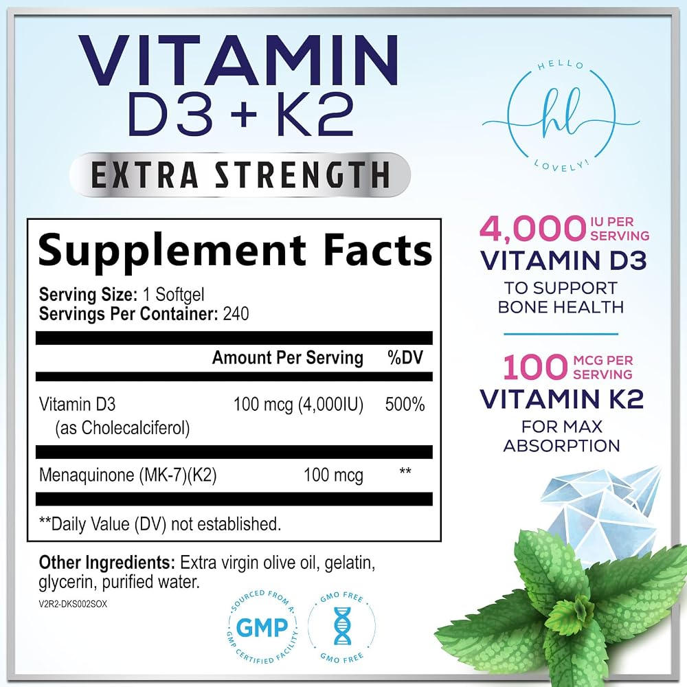 Hello Lovely! Vitamin D with K2 (MK-7) - Vitamin D3 4000IU (125mcg)