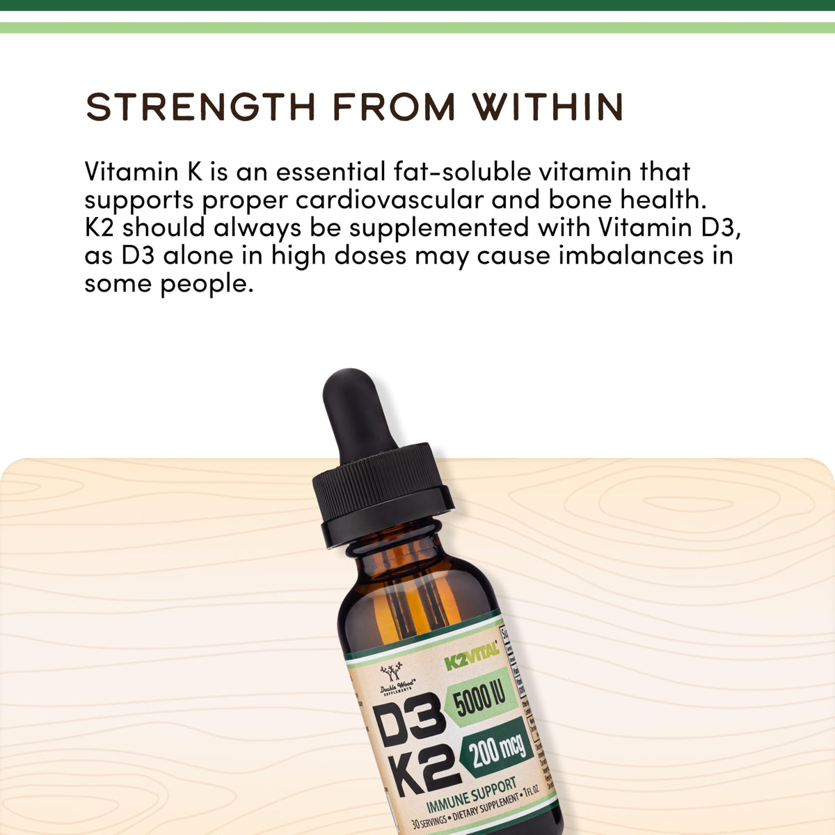 Double Wood Supplements Vitamin D3 + K2 Drops 5000 IU - 30 Servings - image 4