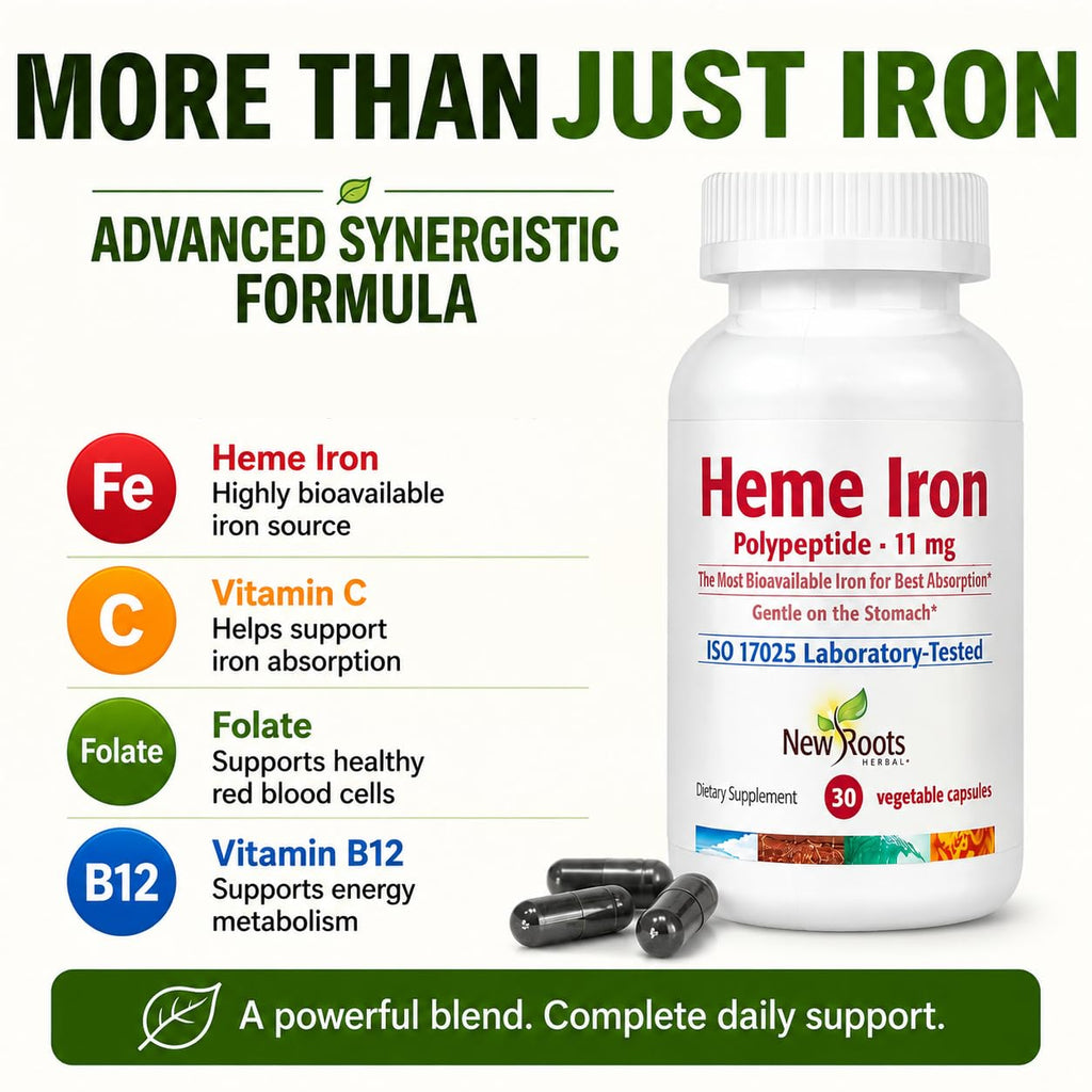 NEW ROOTS HERBAL Heme Iron 11 mg with Vitamin C & B12 - 30 Vegetable Capsules - image 5