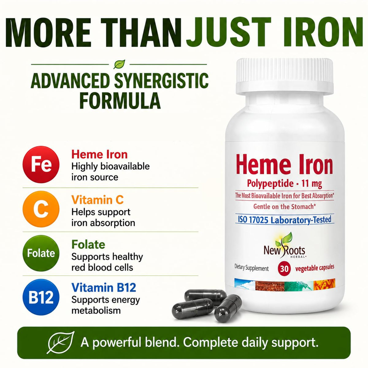 NEW ROOTS HERBAL Heme Iron 11 mg with Vitamin C & B12 - 30 Vegetable Capsules - image 5