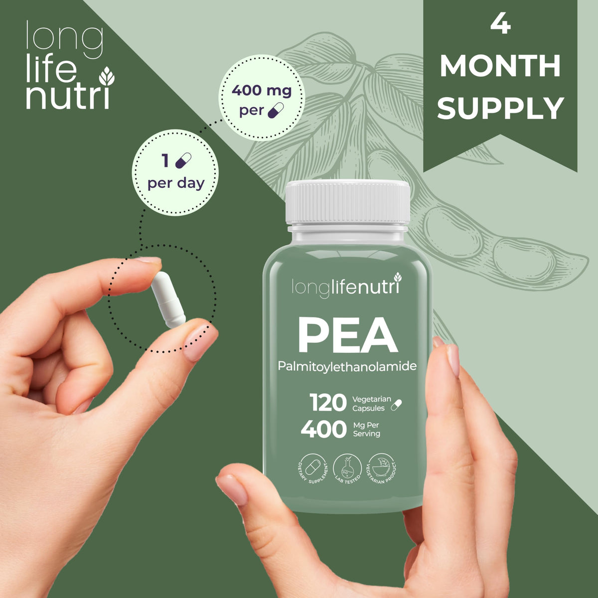 LongLifeNutri Palmitoylethanolamide (PEA) 400mg - 120 Vegetarian Capsules - image 5