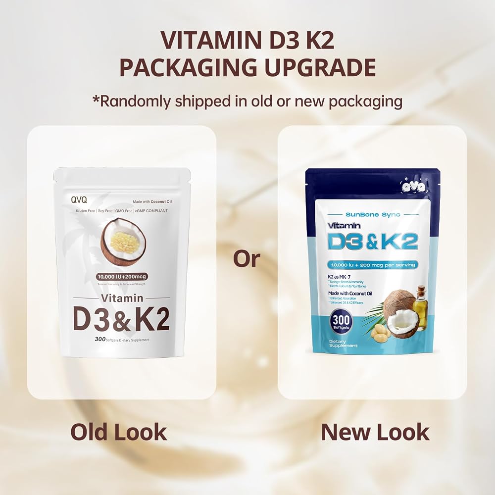 QVQ Vitamin D3 K2, 300 Softgels, Coconut Oil, Gluten-Free, Non-GMO
