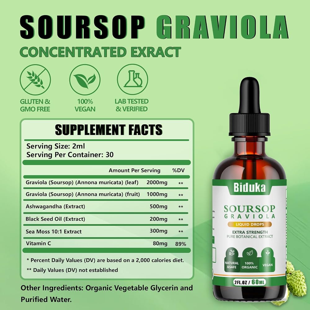 Biduka Soursop Graviola Liquid Drops with Ashwagandha - 2 Fl Oz - image 5