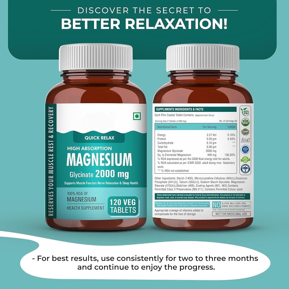 Magnesium Glycinate 2000mg Supplement for Muscle Relaxation - 120 Tablets - image 3