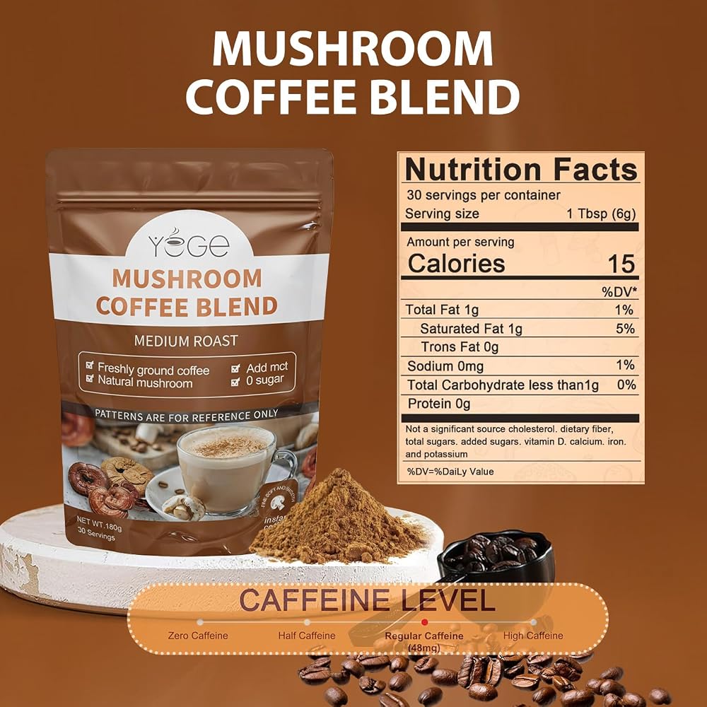 YEGE Mushroom Coffee 6 Adaptogenic Mushrooms for Focus - 30 Servings - image 2