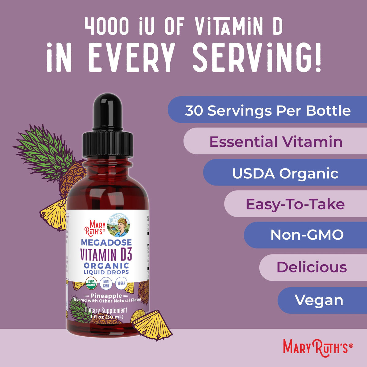 MARYRUTH'S Organic Vitamin D3 Liquid Drops Pineapple - 1 Fl Oz - image 7