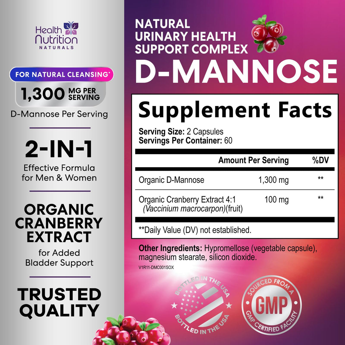 Health Nutrition Naturals D-Mannose 1300mg - Fast-Acting Organic D