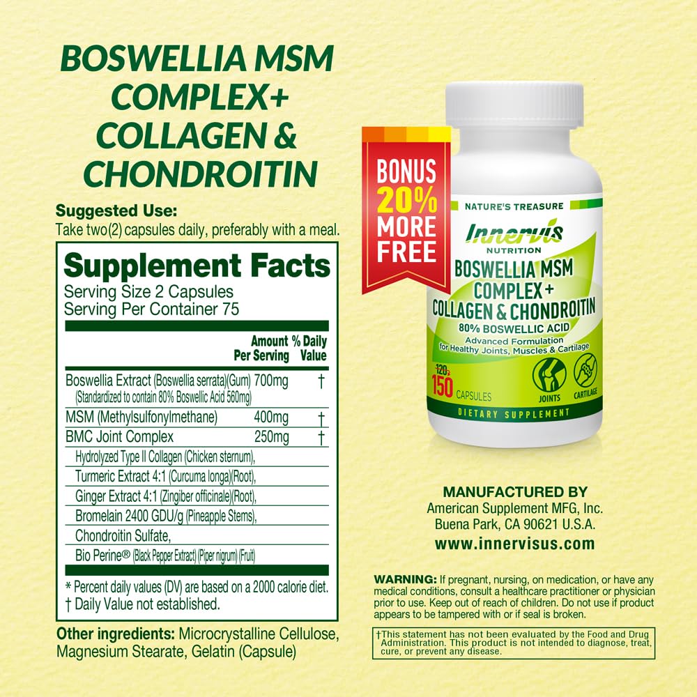 INNERVISNUTRITION Boswellia MSM Complex Joint Support - 150 Capsules - image 2
