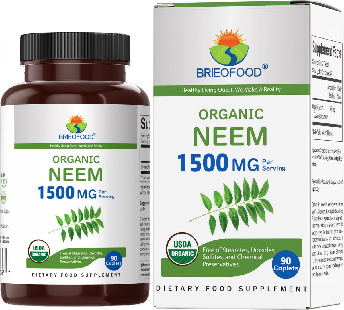 Brieofood Organic Neem 1500mg - 90 Vegetarian Tablets