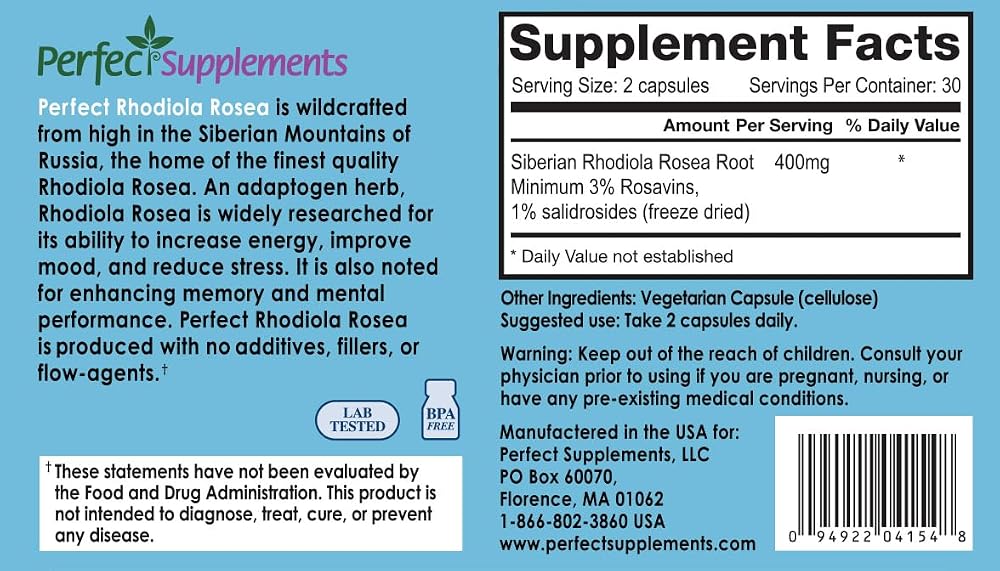 Perfect Supplements Rhodiola Rosea - 60 Vegetarian Capsules - image 3
