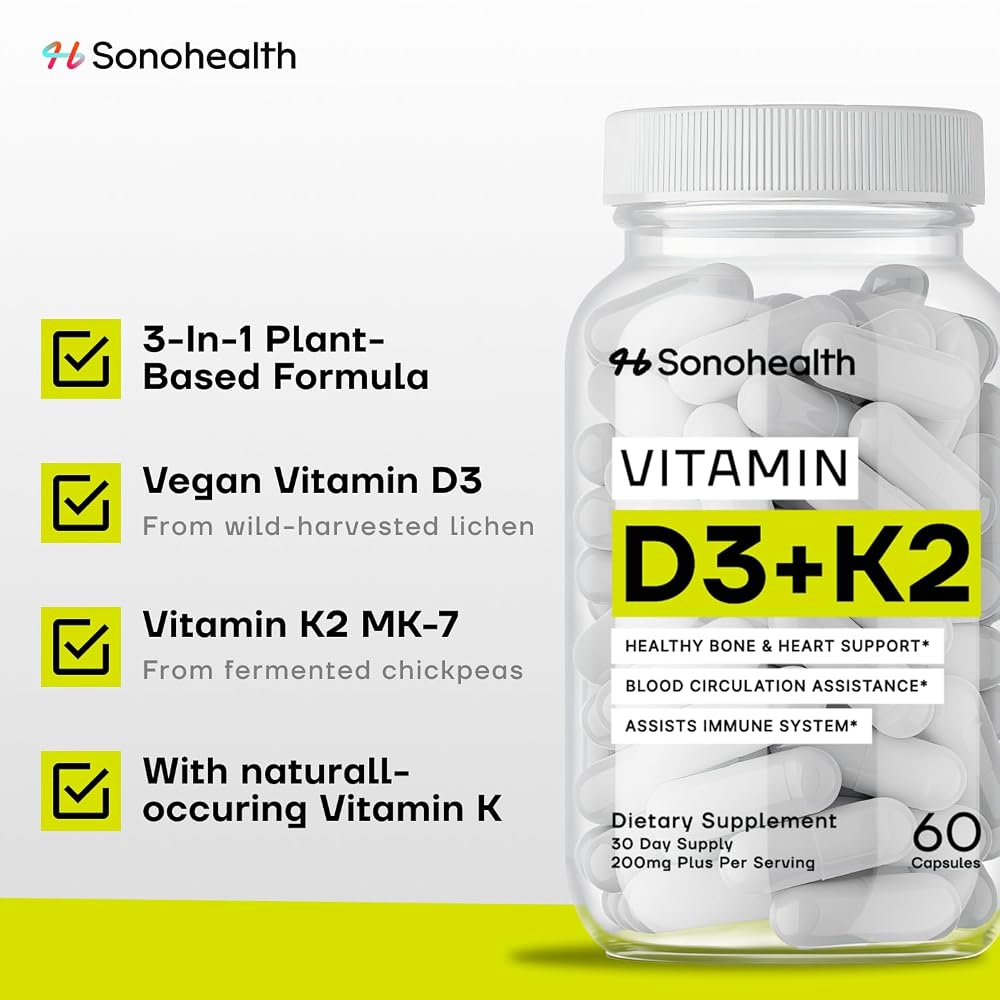 SonoHealth Vitamin D3 + K2 with BioPerine - 60 Capsules - image 2