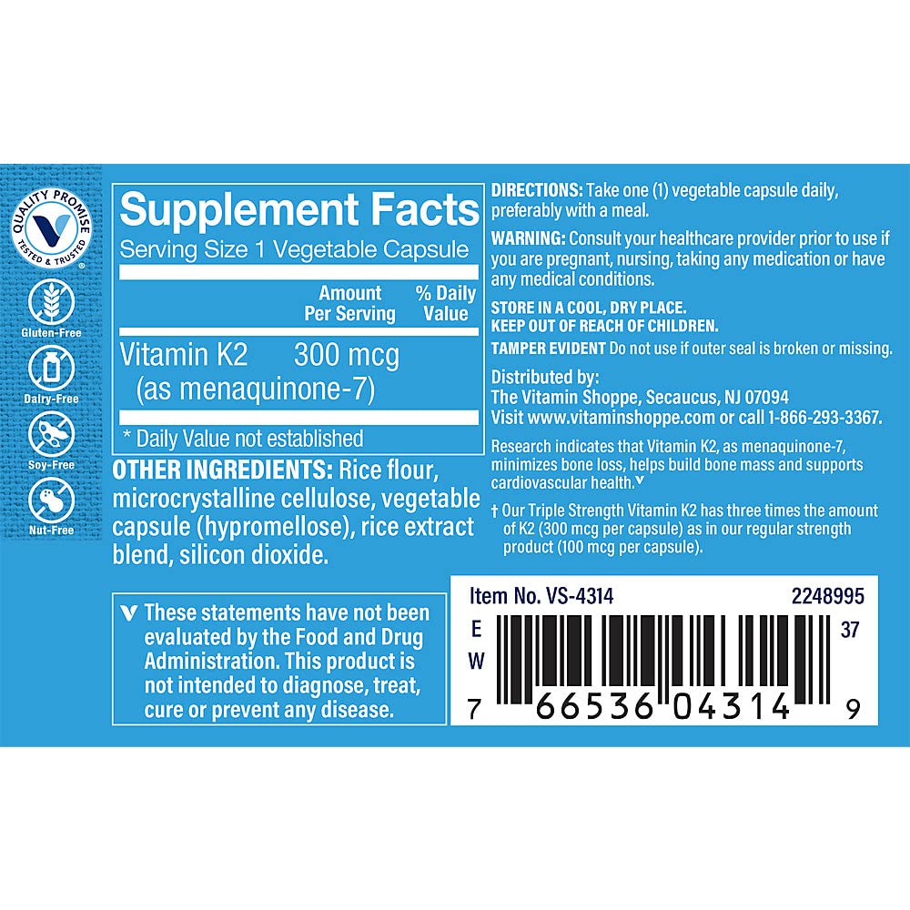 The Vitamin Shoppe Vitamin K2 MK-7 300mcg Triple Strength - Bone