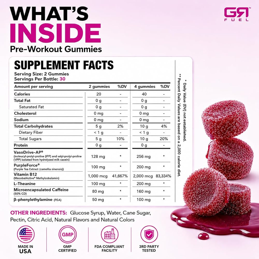 GR Fuel Pre Workout Gummies Energy & Focus Sour Berry - 60 Count - image 2