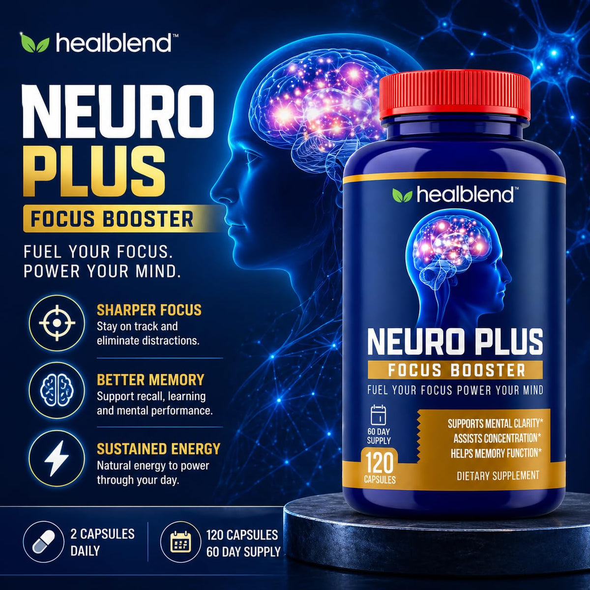 healblend Neuro Plus Focus Booster Brain Support - 120 Capsules - image 2
