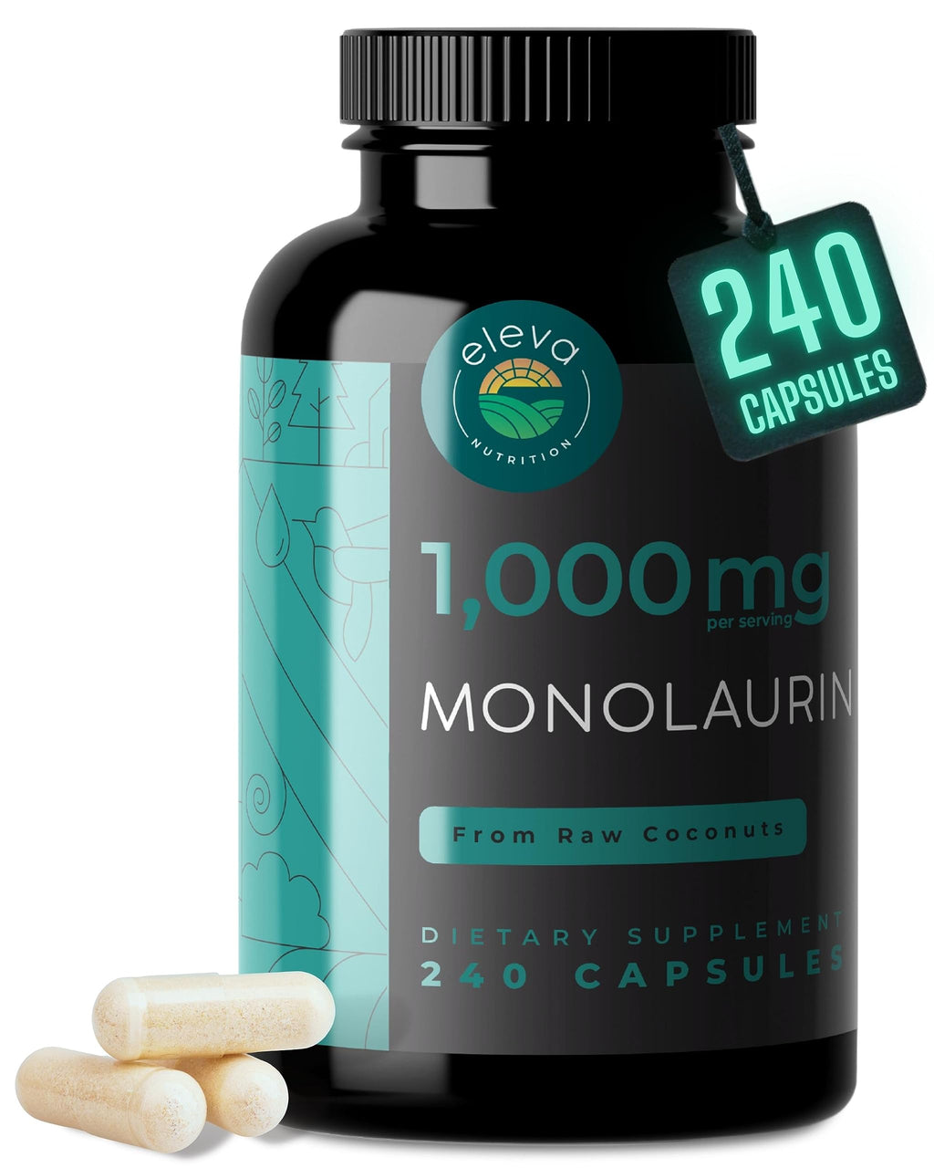 Eleva Nutrition Monolaurin 1000mg Capsules with BioPerine - 240 Count