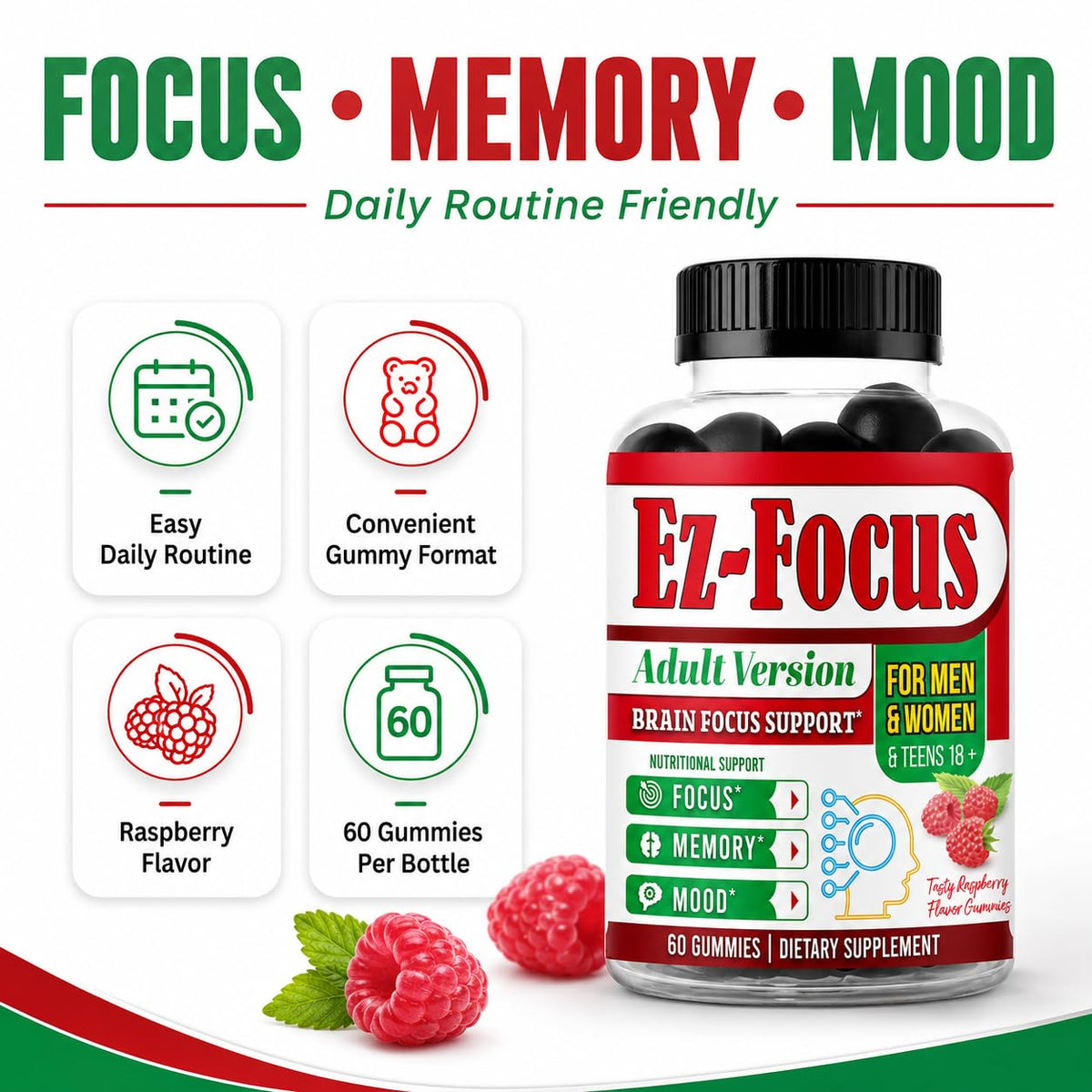 Ez-Focus Lion's Mane Mushroom Gummies for Focus & Memory - 60 Gummies - image 4