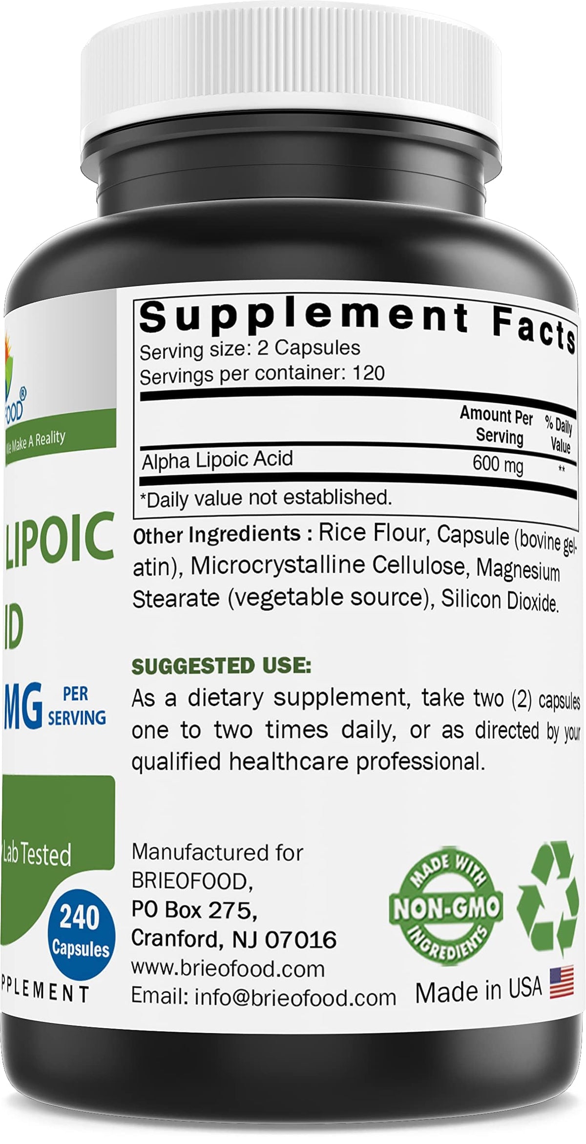 Brieofood Alpha Lipoic Acid 600mg Antioxidant - 240 Capsules - image 2