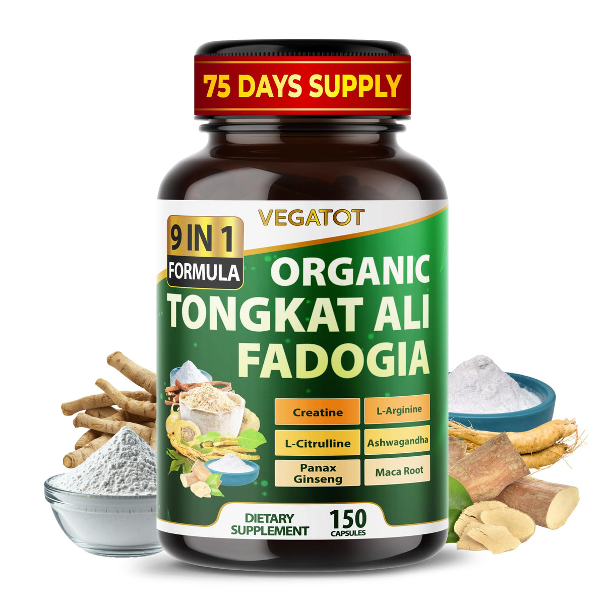 Vegatot Premium Tongkat Ali 9-in-1 with Fadogia & Creatine - 90 Capsules
