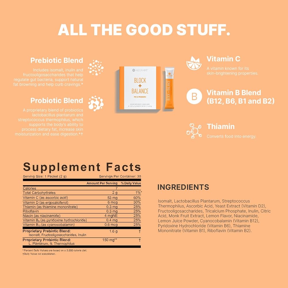 NEORA Block+Balance Pre and Probiotic Powder - 30 Stick Packs - image 2