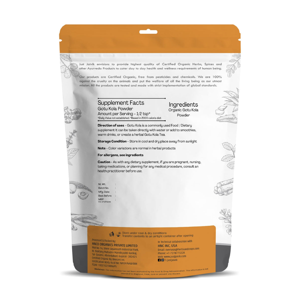 Just Jaivik Gotu Kola Powder - 227g - image 2