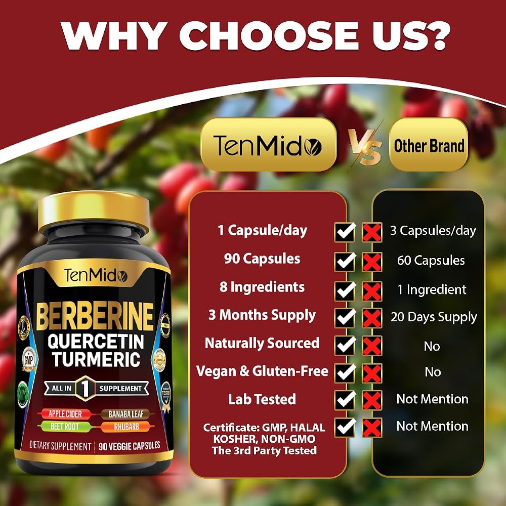 Tenmido Berberine Supplement 8-in-1 Formula - 90 Capsules - image 4