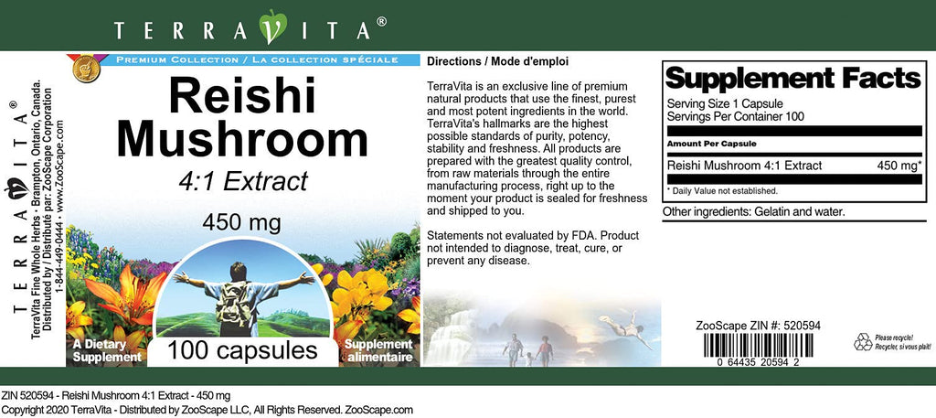 Terravita Reishi Mushroom 4:1 Extract 450 mg - 300 Capsules - image 2