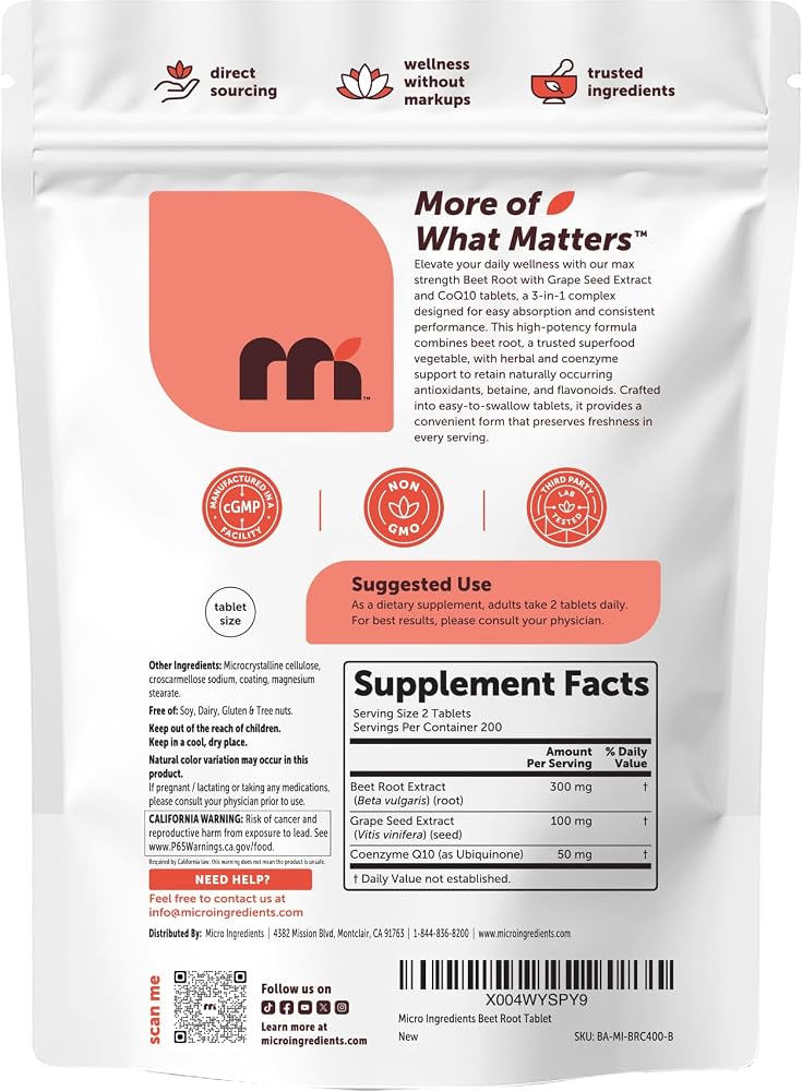 Micro Ingredients Beet Root with Grape Seed Extract & CoQ10 - 400 Tablets - image 7