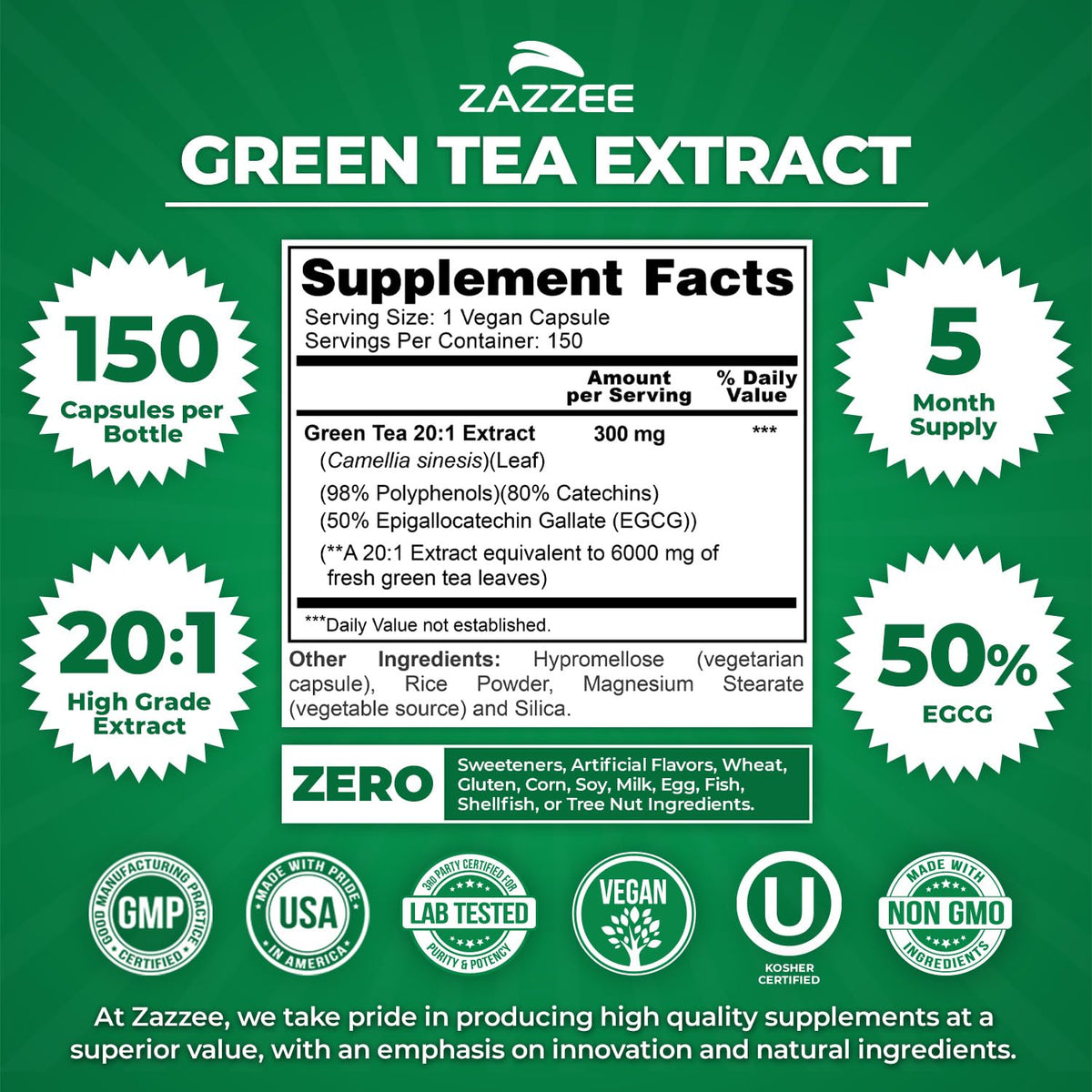 Zazzee Extra Strength Green Tea 20:1 Extract - 150 Vegan Capsules - image 2