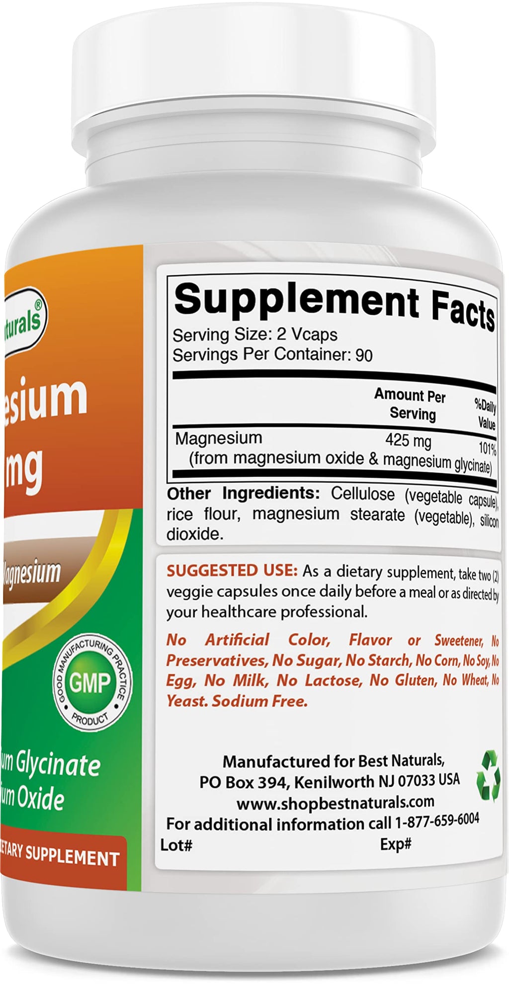 Best Naturals Magnesium 425 mg 180 Veggie Capsules - High Absorption