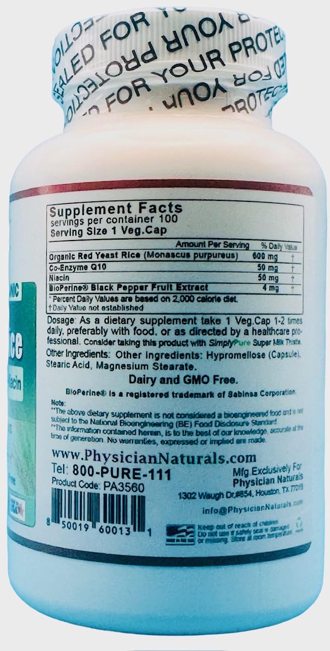 Physician Naturals Organic Red Yeast Rice with CoQ10 - 100 Vegetarian Capsules - image 2