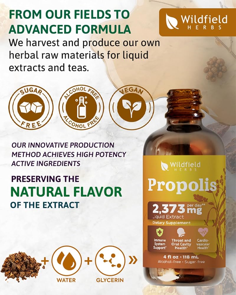 WILDFIELD HERBS 4 Oz Bee Propolis Extract Liquid Drops - Immune Support & Throat Soothing | 2 Month Supply | - Made in USA - Propolis Supplement - Alcohol & Sugar Free - image 4