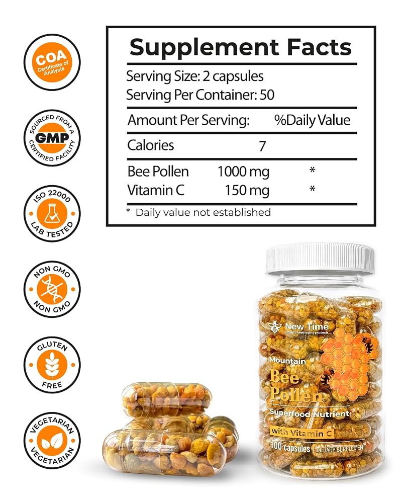 New Time Organic Bee Pollen Capsules for Energy & Immune Support - 100 Count - image 2