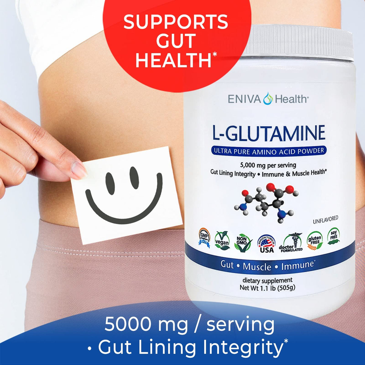 Eniva L-Glutamine Pure Powder Gut Health - 101 Servings - image 3