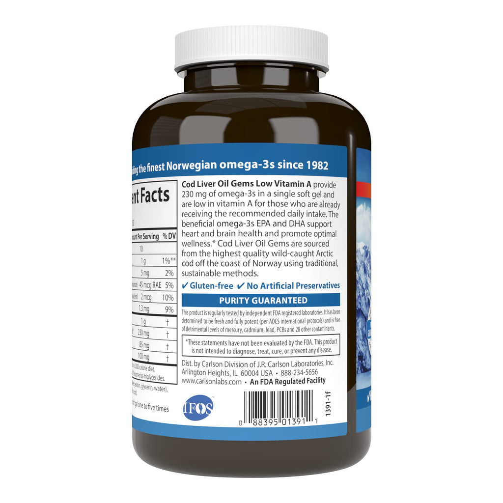 Carlson Cod Liver Oil Gems Low Vitamin A 230 mg Omega-3 - 150 Softgels - image 3