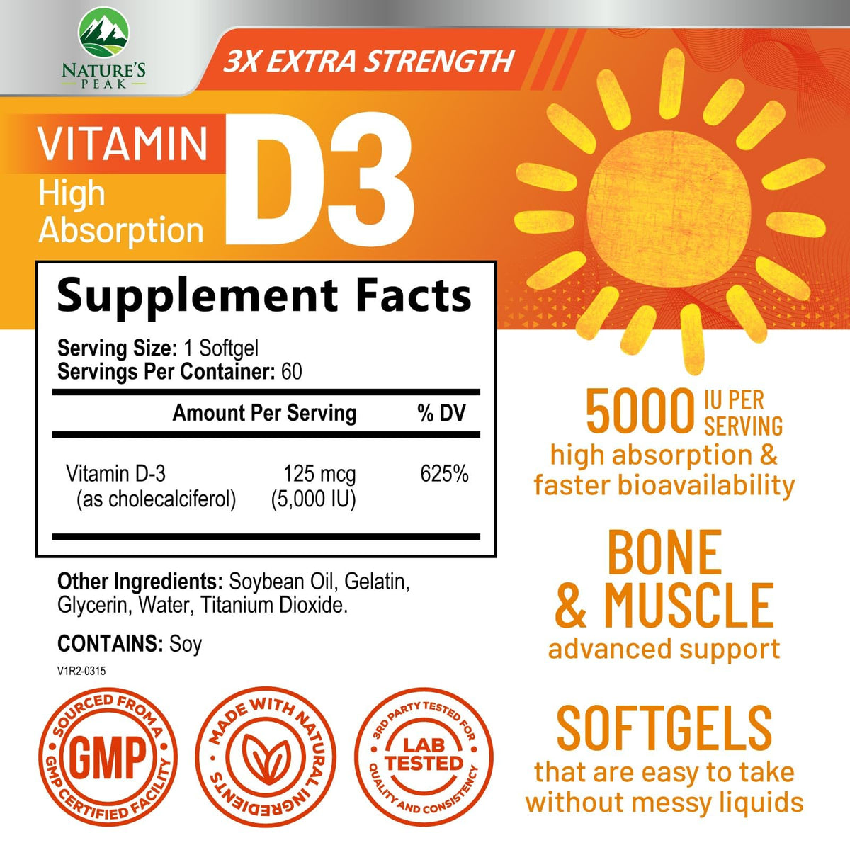 Nature's Peak Vitamin D-3 5000 IU Softgels - 60 Count - image 2