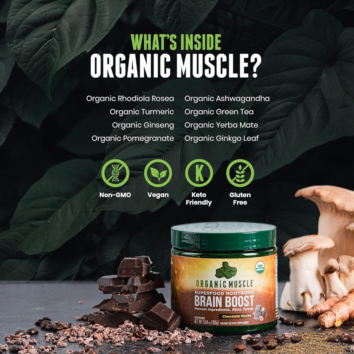 Organic Muscle Brain Boost Nootropics Powder Chocolate - 20 Servings - image 4