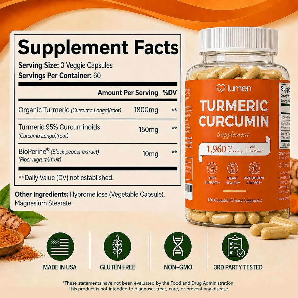 Lumen Naturals Turmeric Curcumin Supplement with Black Pepper - 180 Capsules - image 7