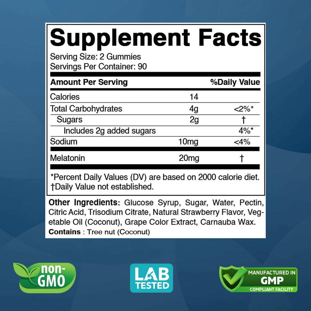 Vitabod Melatonin 20mg Gummies - 180 Count - Drug Free - Natural