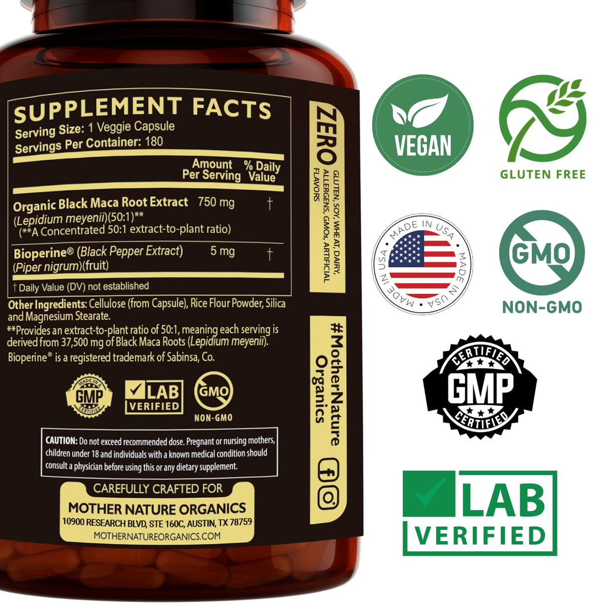 Mother Nature Organics Raw Black Maca 750mg with BioPerine - 180 Capsules - image 4