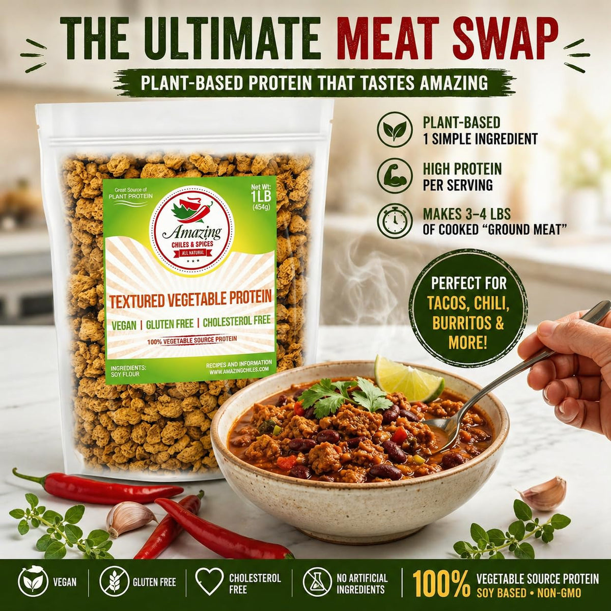 Amazing Chiles & Spices Textured Vegetable Protein TVP - 1 LB - image 8