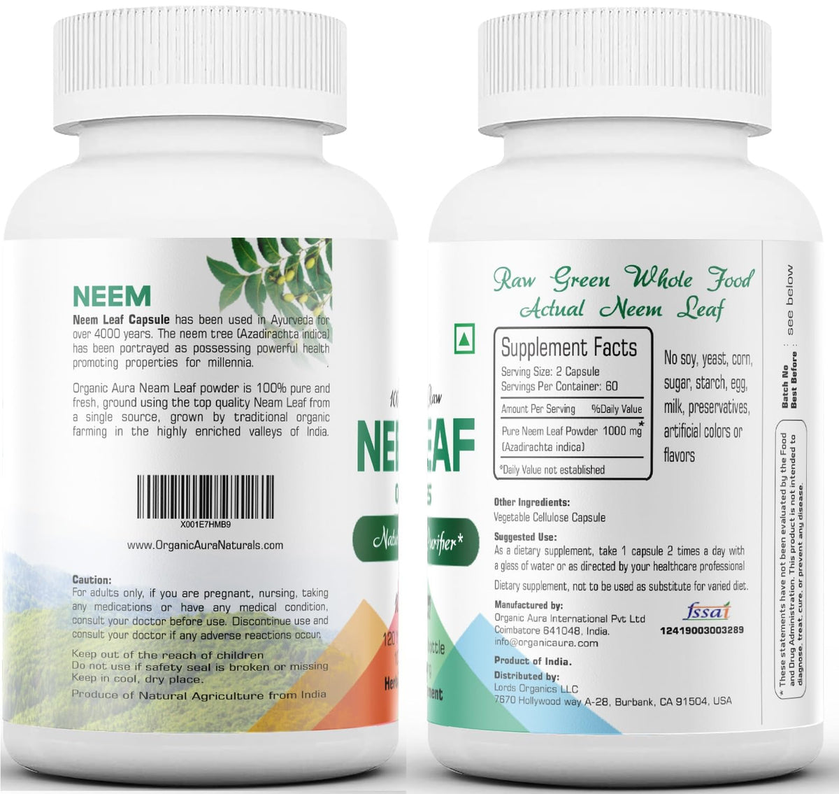 Organic Aura Neem Capsules 100% Pure Whole Leaf - 120 Capsules - image 2