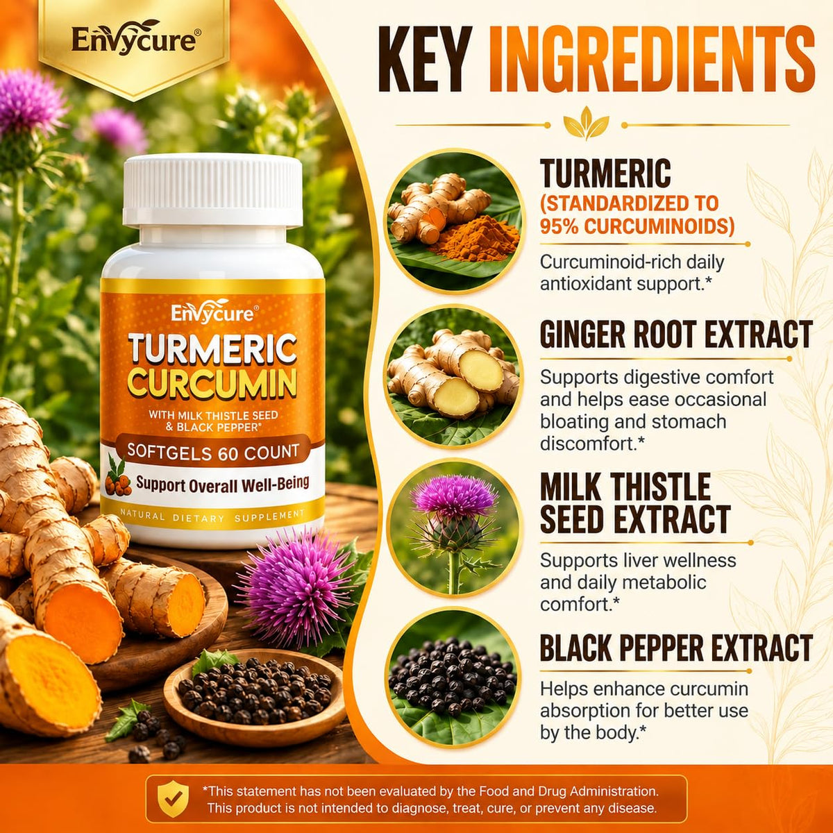 EnvyCure Turmeric Curcumin 2000mg with Milk Thistle - 120 Softgels - image 3