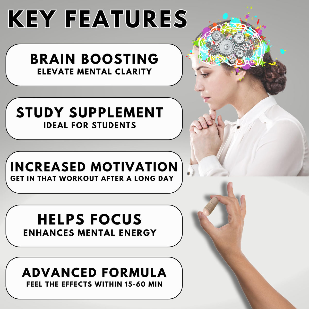 Focus Pep Addrell Energy Stimulant Natural Brain Booster - 60 Capsules - image 3